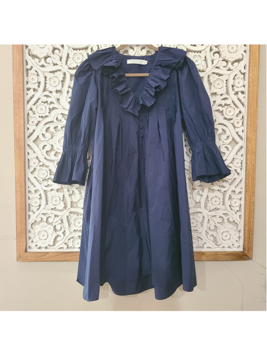 Hunter Bell Dresses & Skirts - Hunter Bell Sullivan Ruffled Neck Puff Sleeve Mini Dress Navy Blue SZ Medium